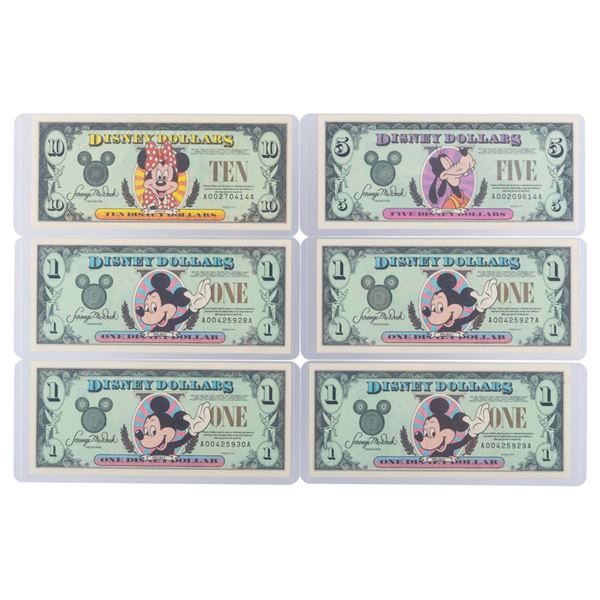 The Disneyland 1995 AA Series $1, $5, and $10 Bills.