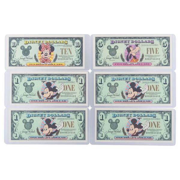 The Disneyland 1998 AA Series $1, $5, and $10 Bills.