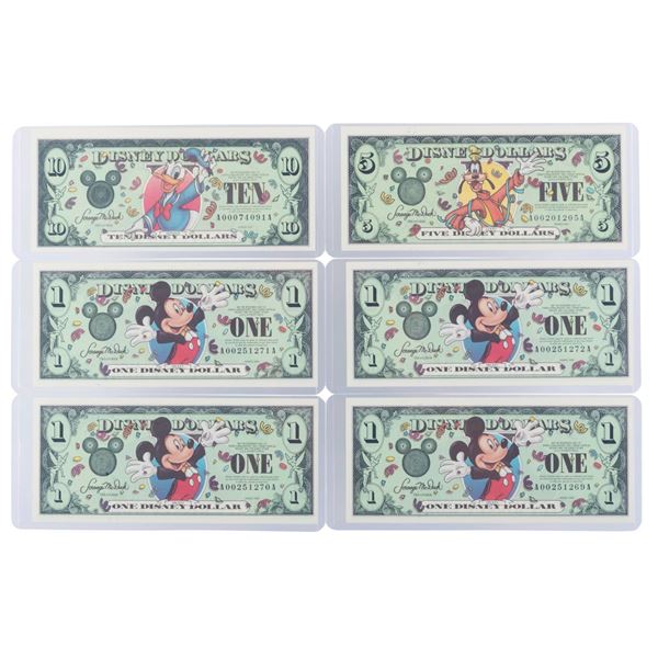 The Disneyland 2000 AA Series $1, $5, and $10 Bills.