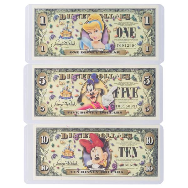 The Disney Store 2005 T First Series $1, $5, and $10 Bills with Barcode.