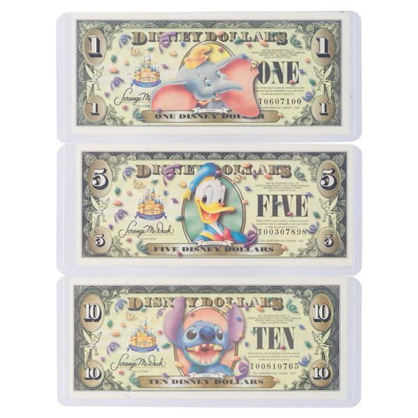 The Disney Store 2005 T Second Series $1, $5, and $10 Bills.