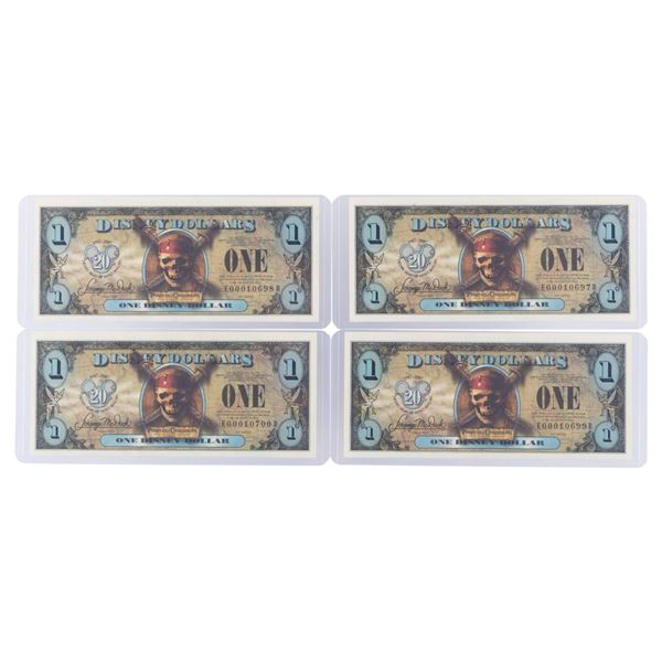 The 2007 Disney Dollars 20th Anniversary Black Pearl Series $1 Bills.
