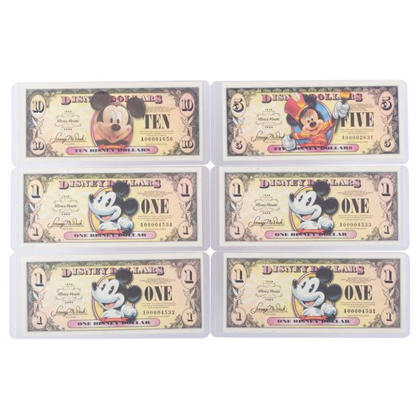 The 2008 Disney Dollars Mickey's 80th Anniversary Series $1, $5, and $10 Bills.