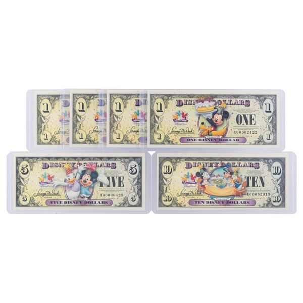 The 2009 Disney Dollars Celebrate Today Series $1, $5, and $10 Bills.