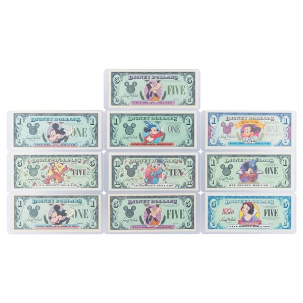 A Collection of 10 Disney Dollars with No Serial Numbers