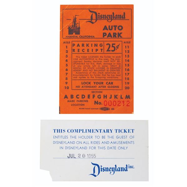 A Walt Disney Signed Disneyland Parking Ticket & Complimentary Ticket.