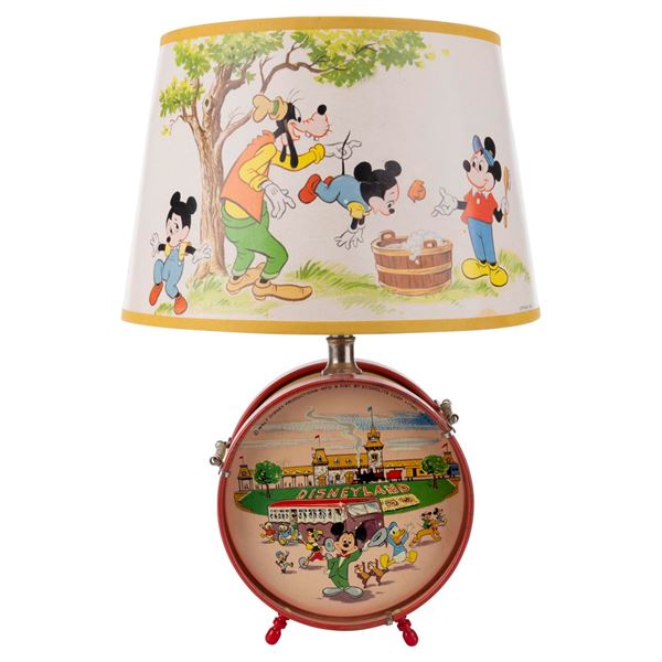 A Disneyland Tin Litho Drum Lamp with Mickey and Friends Lampshade.