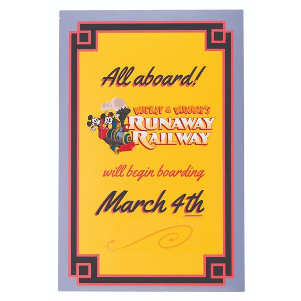 A Mickey & Minnie's Runaway Railway Coming Soon Sign.