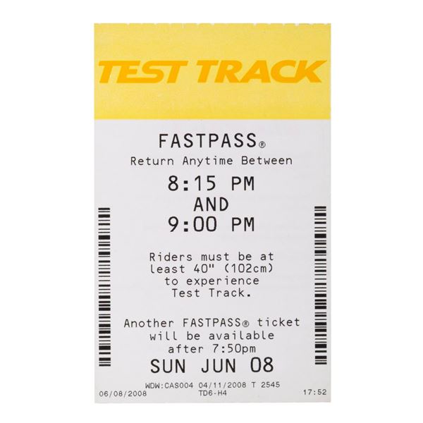 An Epcot Test Track FastPass Ticket.