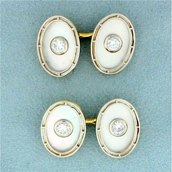 Vintage Diamond and Mother of Pearl French Cufflinks in 14K Yellow and White Gold