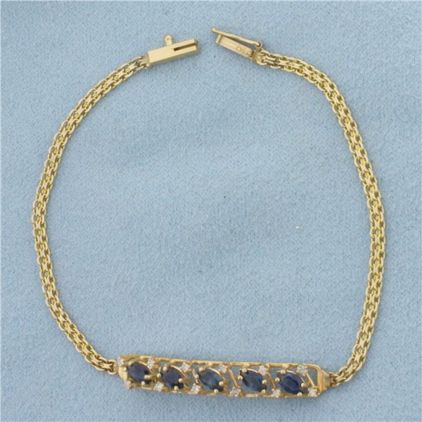 Vintage Sapphire and Diamond Bar Bracelet in 14K Yellow Gold