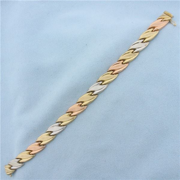 Tri Color Designer Link Bracelet in 10k White, Yellow and Rose Gold