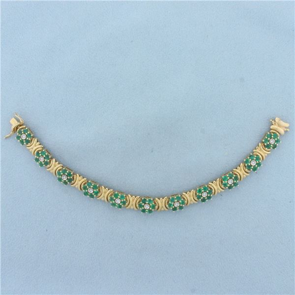 Vintage Emerald and Diamond Flower Design Bracelet in 14k Yellow Gold