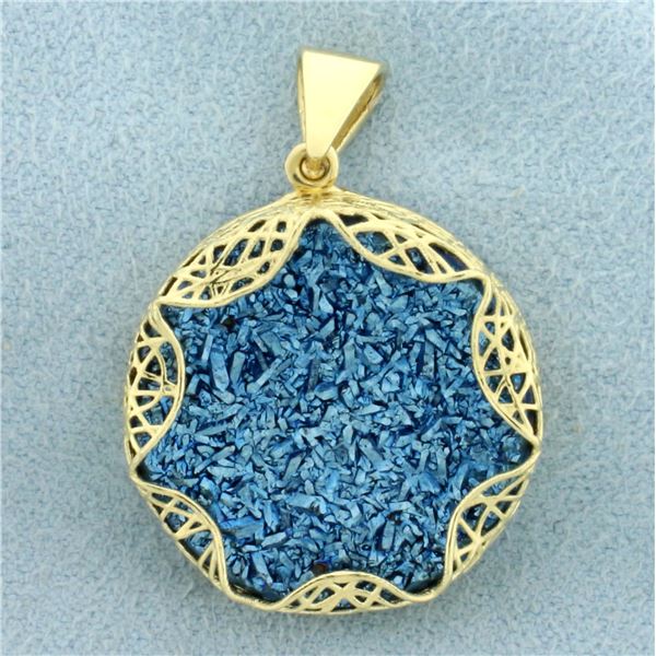 Blue Druzy Quartz Statement Pendant in 14k Yellow Gold