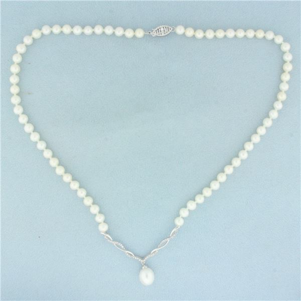 Vintage Cultured Pearl and Diamond V-Drop Necklace in 10k White Gold