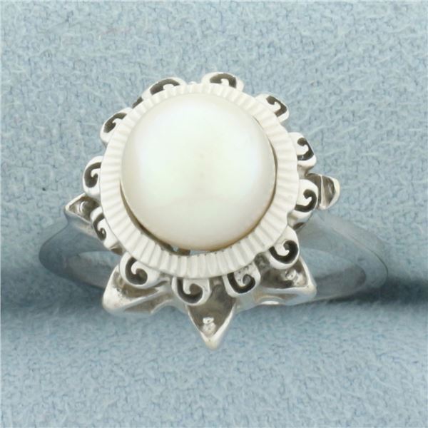Vintage Cultured Akoya Pearl Crown Ring in 14k White Gold