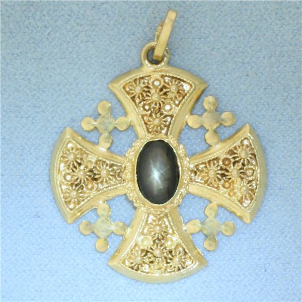 Natural Star Sapphire Jerusalem Cross Pendant in 18k Yellow Gold