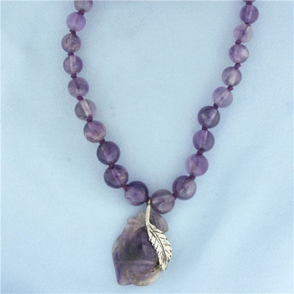 Amethyst Bead Feather Necklace in .925 Sterling Silver