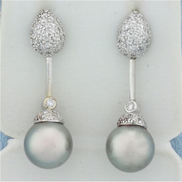 Tahitian Pearl and Pave Diamond Dangle Earrings in 18k White Gold