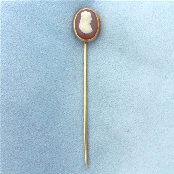 Vintage Hand Carved Cameo Stick Pin in 14k Yellow Gold
