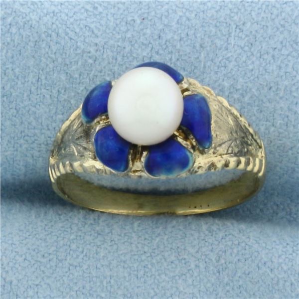 Antique Blue Enamel Cultured Akoya Pearl Ring in 18k Yellow Gold