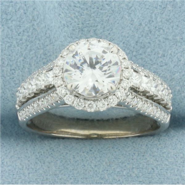 Simon G. Diamond and CZ Halo Engagement Ring in 18k White Gold