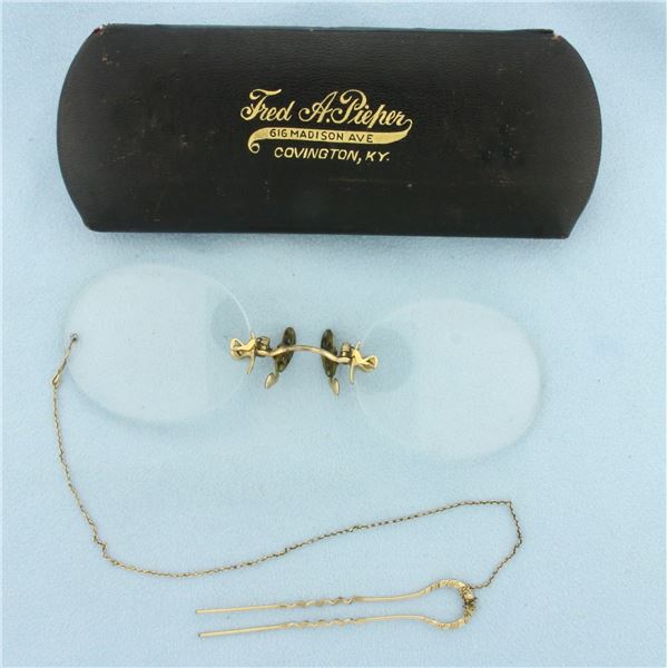 Antique Pince Nez Glasses Spectacles with Hair Pin and Case