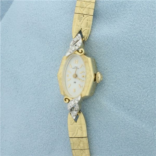 Vintage Ladies Hamilton Diamond Watch in Solid 14k Yellow Gold Case