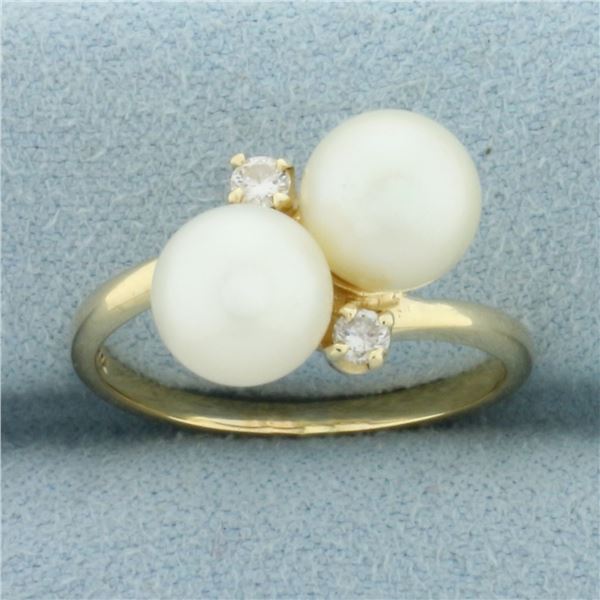 Akoya Pearl and Diamond Toi et Moi Ring in 14k Yellow Gold