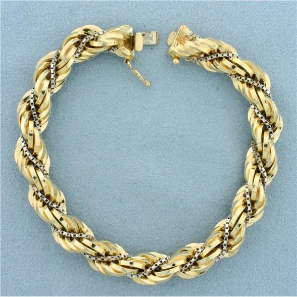 Italian Thick Rope and Box Link Bracelet in 14k Yellow and White Gold