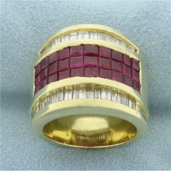 Invisible Set Ruby and Diamond Ring in 18k Yellow Gold