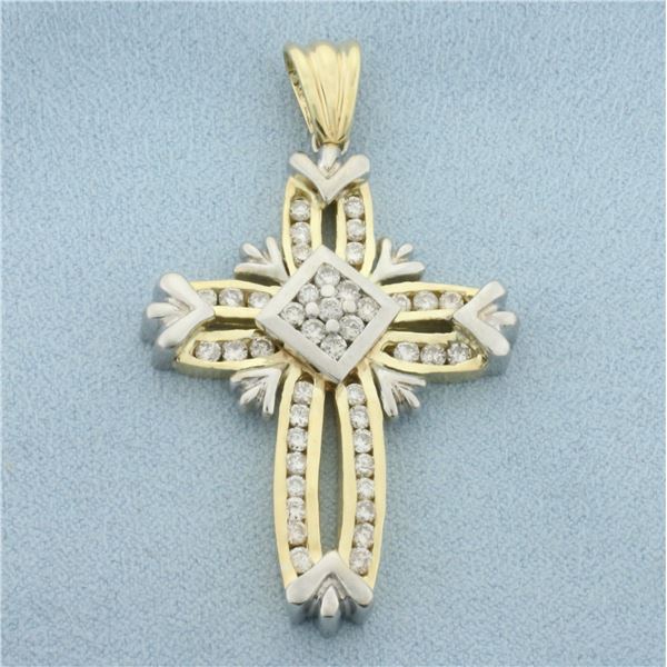 Unique Large Diamond Cross Pendant in 14k Yellow and White Gold