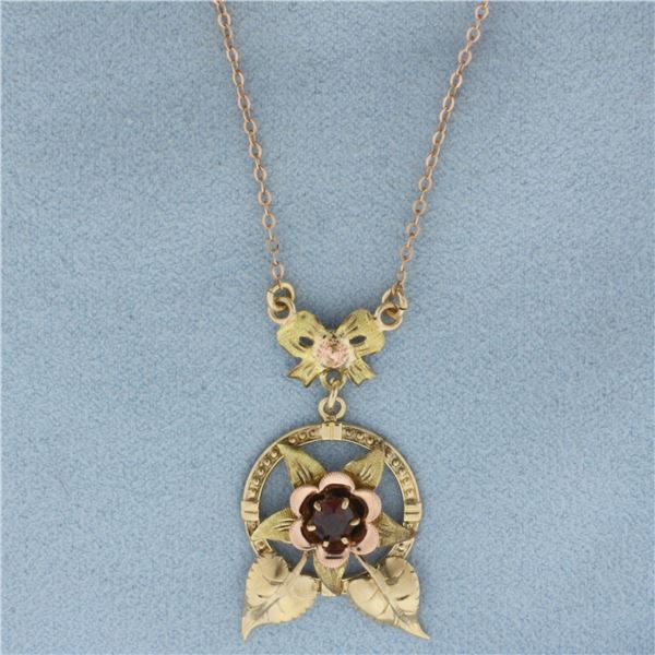 Vintage Lavalier Garnet Flower Necklace In 14k and 10k Yellow Gold