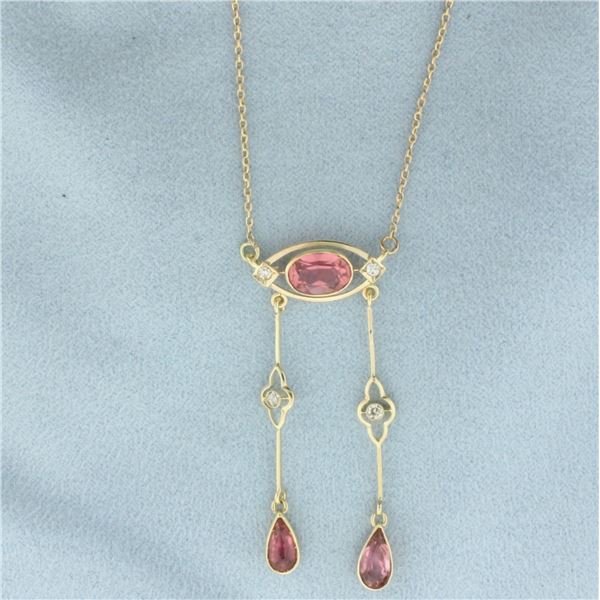 Vintage Morganite and Diamond Lavalier Dangle Necklace in 14k Yellow Gold