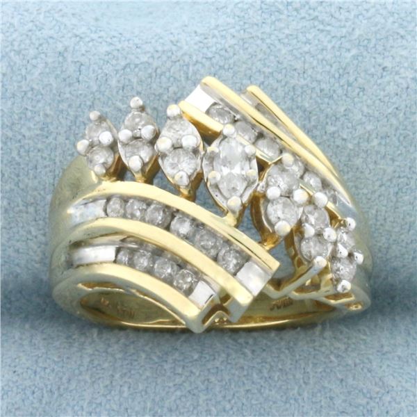 Vintage Marquise and Round Diamond Cocktail Ring in 14k Yellow Gold