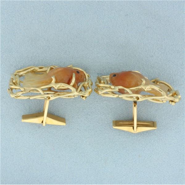 Carved Jade Fish Cufflinks in 14k Yellow Gold