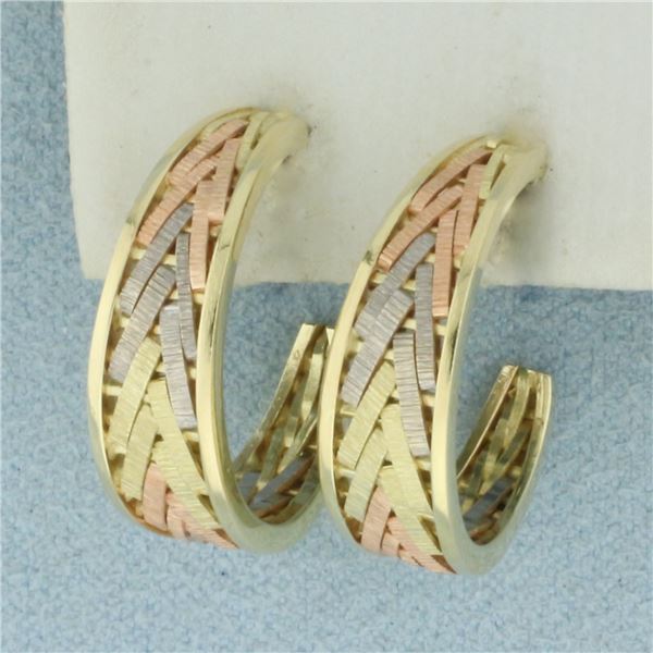 Tri-Color Hoop Earrings in 14k Yellow, Rose, and White Gold