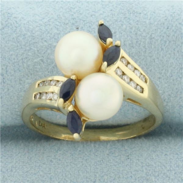 Akoya Pearl, Sapphire, and Diamond Toi et Moi Ring in 14k Yellow Gold