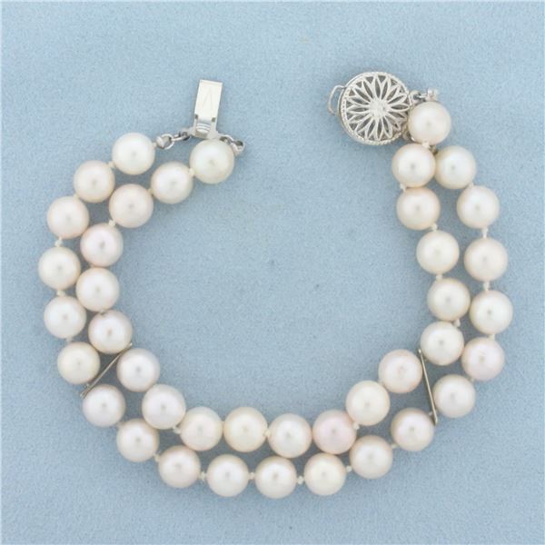 Akoya Pearl Double Strand Bracelet in 14k White Gold