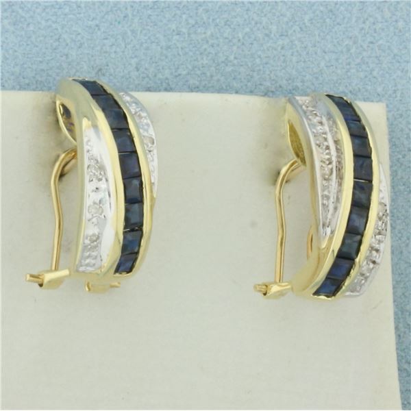 Sapphire and Diamond Half Hoop Earrings in 14k Yellow Gold