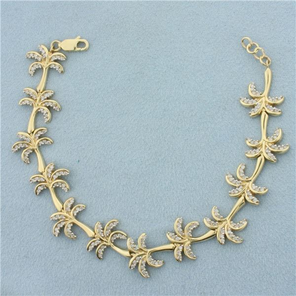Diamond Palm Tree Link Bracelet in 14k Yellow Gold