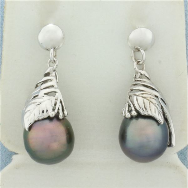 Tahitian Silver and Black Pearl Dangle Earrings in 14k White Gold