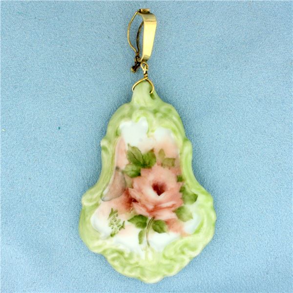 Large Hand Painted Flower Porcelain Pendant  in 10k Yellow Gold
