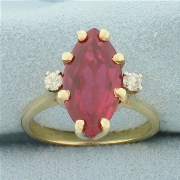 Vintage Marquise Lab Ruby and Diamond Ring in 14k Yellow Gold