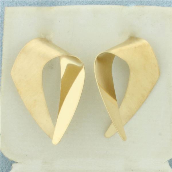 Satin and High Polish Abstract Design Earrings in 14k Yellow Gold