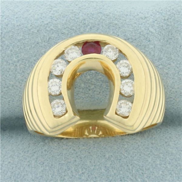 Mens Ruby and Diamond Lucky Horseshoe Ring in 14k Yellow Gold
