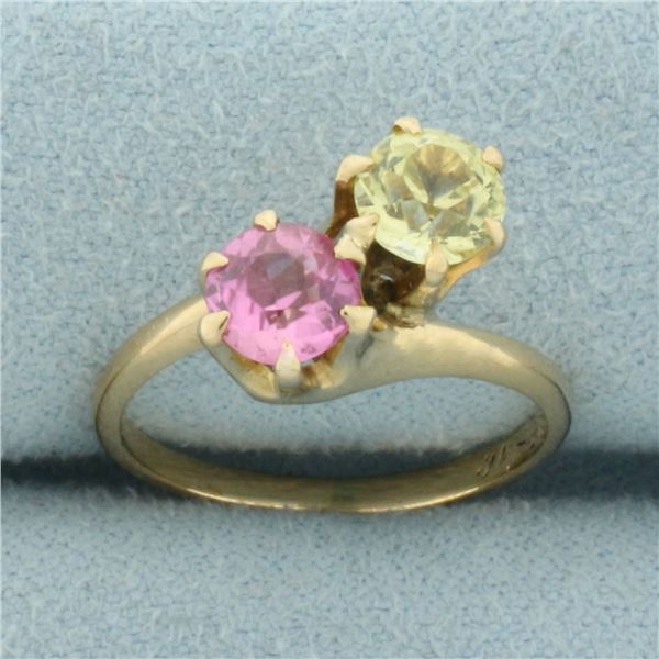 Antique Yellow and Pink Sapphire Toi et Moi Ring in 14k Yellow Gold