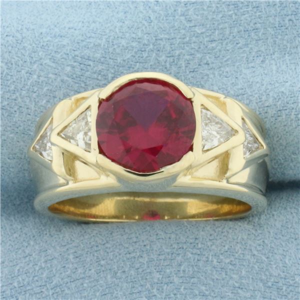 Mens Lab Ruby & Diamond Ring in 14k Yellow Gold