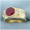 Image 2 : Mens Lab Ruby & Diamond Ring in 14k Yellow Gold