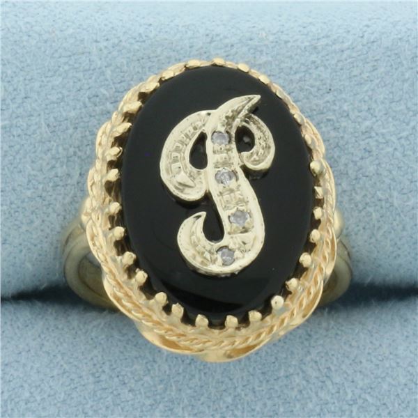Diamond and Onyx "J" Initial Signet Ring in 14k Yellow Gold